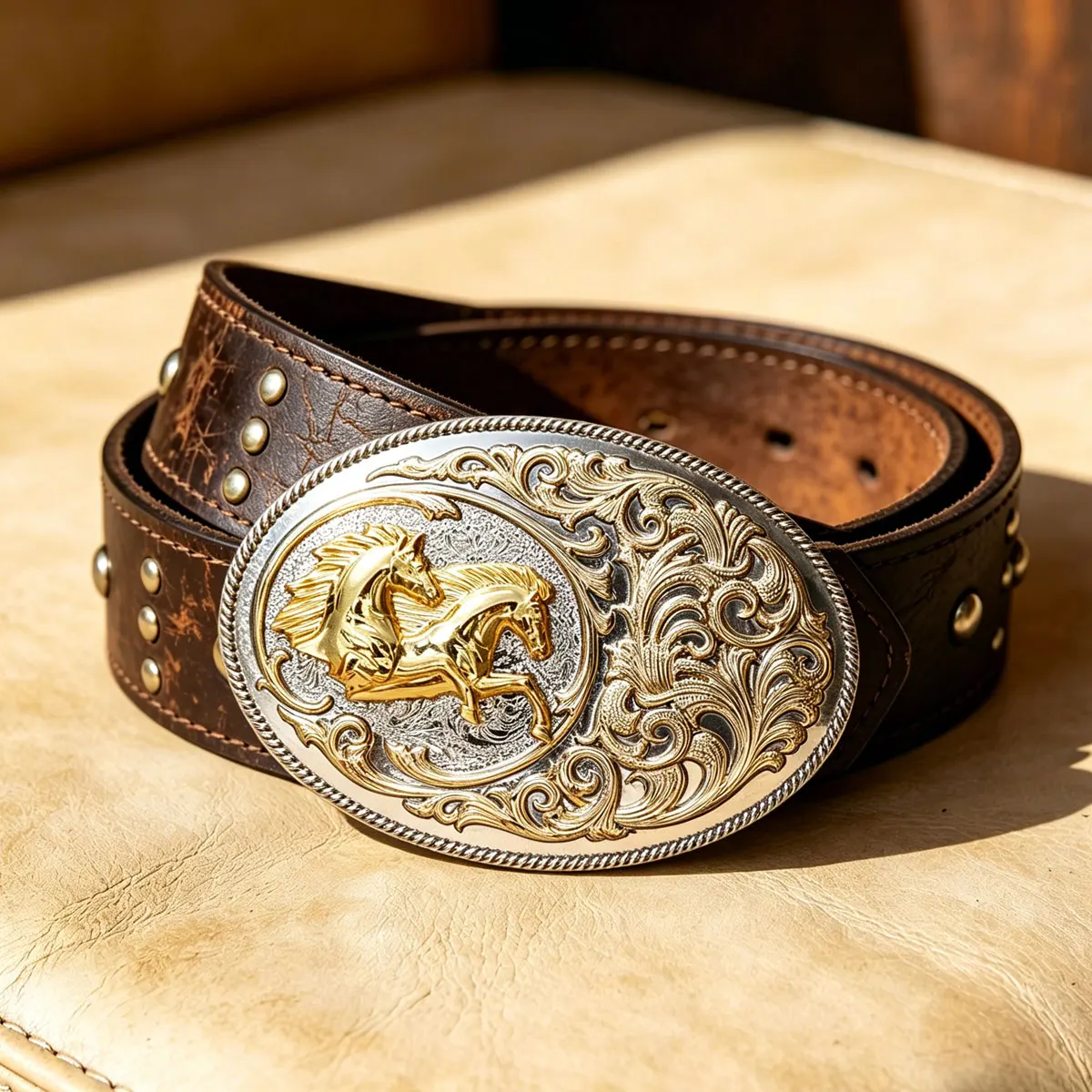 

Oval Golden Double Running Horse Belt Buckle - Retro Western Cowboy Style Embossed Belt Buckle for Men