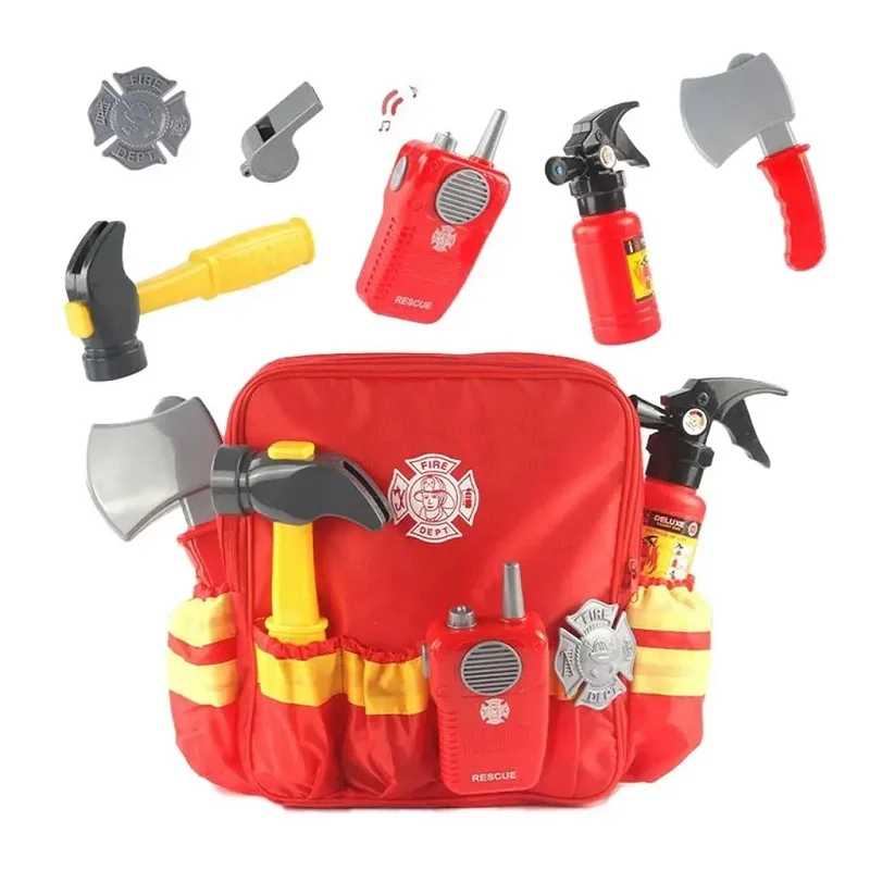 Kids Firefighter Cosplay Toy Sam Fireman Uniform Carnival Toys Simulating Fireman Toy Set With Hammer Backpack For Kids Gift