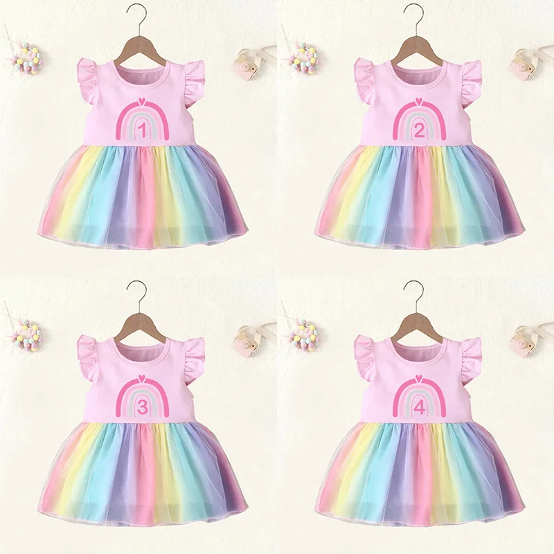 Baby Girl Clothes Age 1 2 3 4 Years Birthday Dress Pink Rainbow Print Cute Princess Vestidos Toddler Girls Rainbow Mesh Dresses