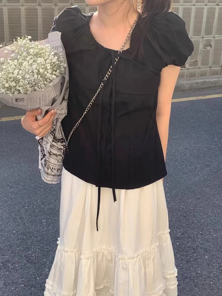 Été nouveau Sle femmes irt noeud Dstring taille cintrée bulle Sve haut coréen Sle Slim Fit ort Sve...