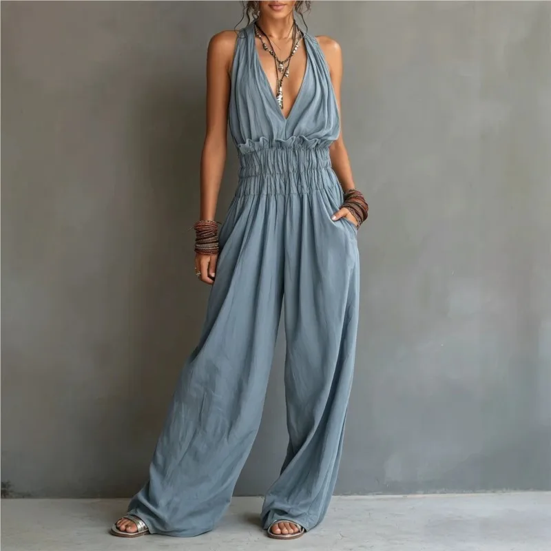 Sexy Deep V-neck Jumpsuit Summer Fashion Solid Color High Waisted Sleeveless Jumpsuits Foreign Style Lady Streetwear With Pocket