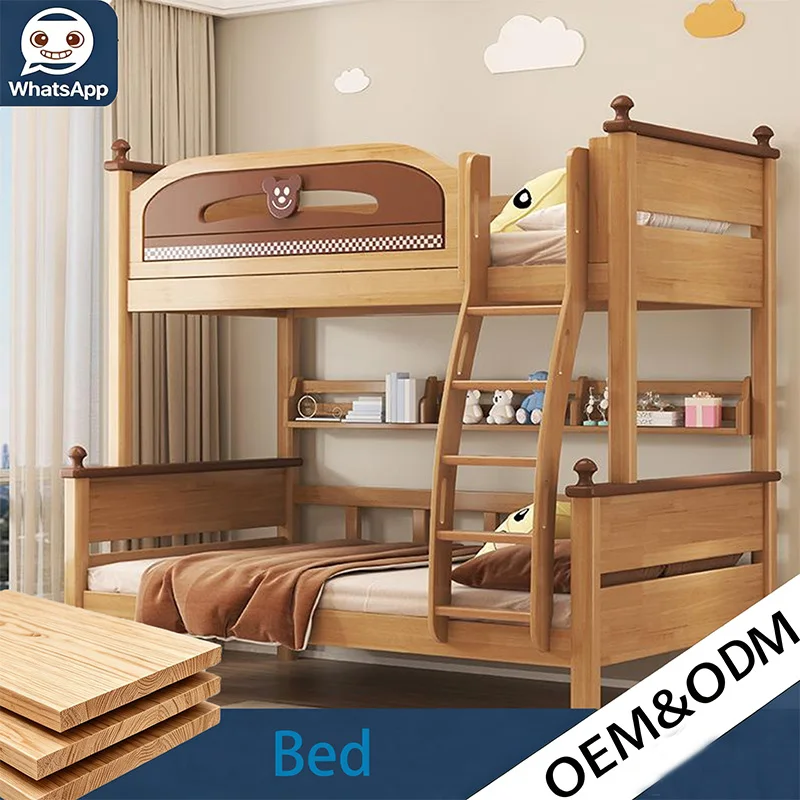 Modern Solid Wood Kids Bunk Bed, Girls Double‑Deck Bed Frame with Slide for Children Bedroom Home Furniture