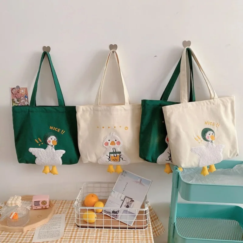 Women Tote Canvas New Fashion Large Capacity Cartoon Cute Duck Embroidery Student Shoulder Bag