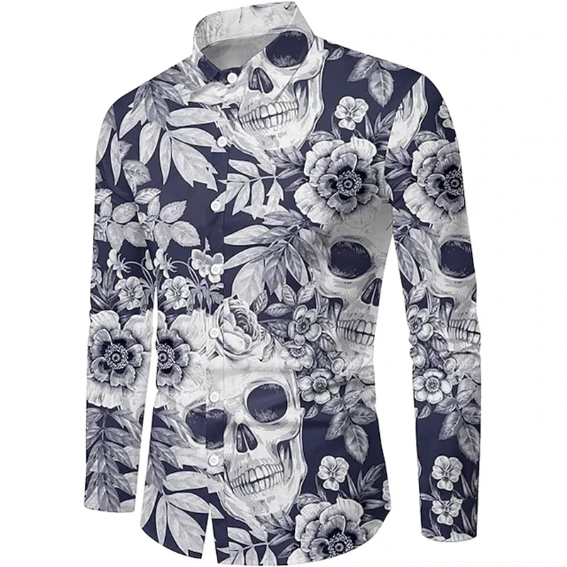 Vintage Rose Skull Graphic Shirts For Men 3D Printed Goth Skeleton Long Sleeves Shirt Men Clothing Casual Hip-hop Buttons Shirts