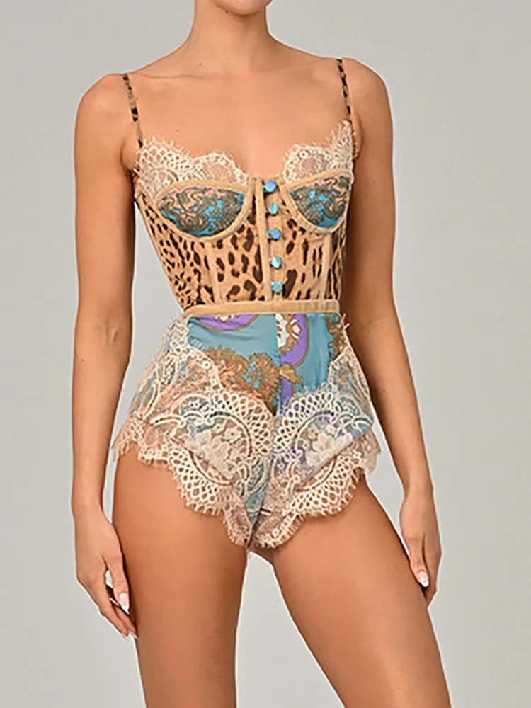 Spaghetti Strap Fashion Sexy Chic Playsuits, Women Summer Print Lace Patchwork Bodysuits, 2026 Sleeveless Elegant Ladies Rompers