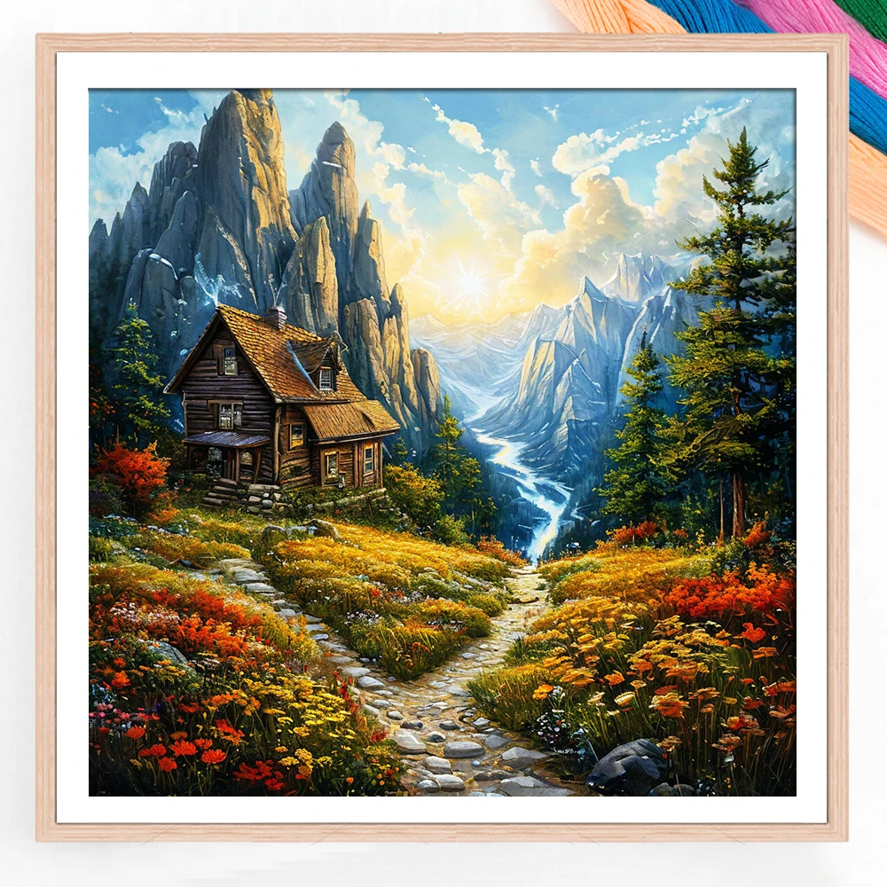 Cross Stitch Mountain Wooden Houses Streams Embroidery Kits Landscape Printed Canvas 11CT Thread Needlework DIY Gift Home Decor