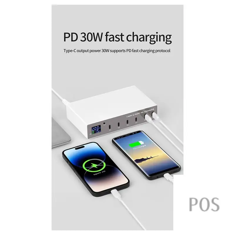 

140W LED Multi PD Charger 6 Ports USB C Quick Charge 20W 30W TYPE-C Charging Station For Laptop Smartphone Easy Install EU Plug-