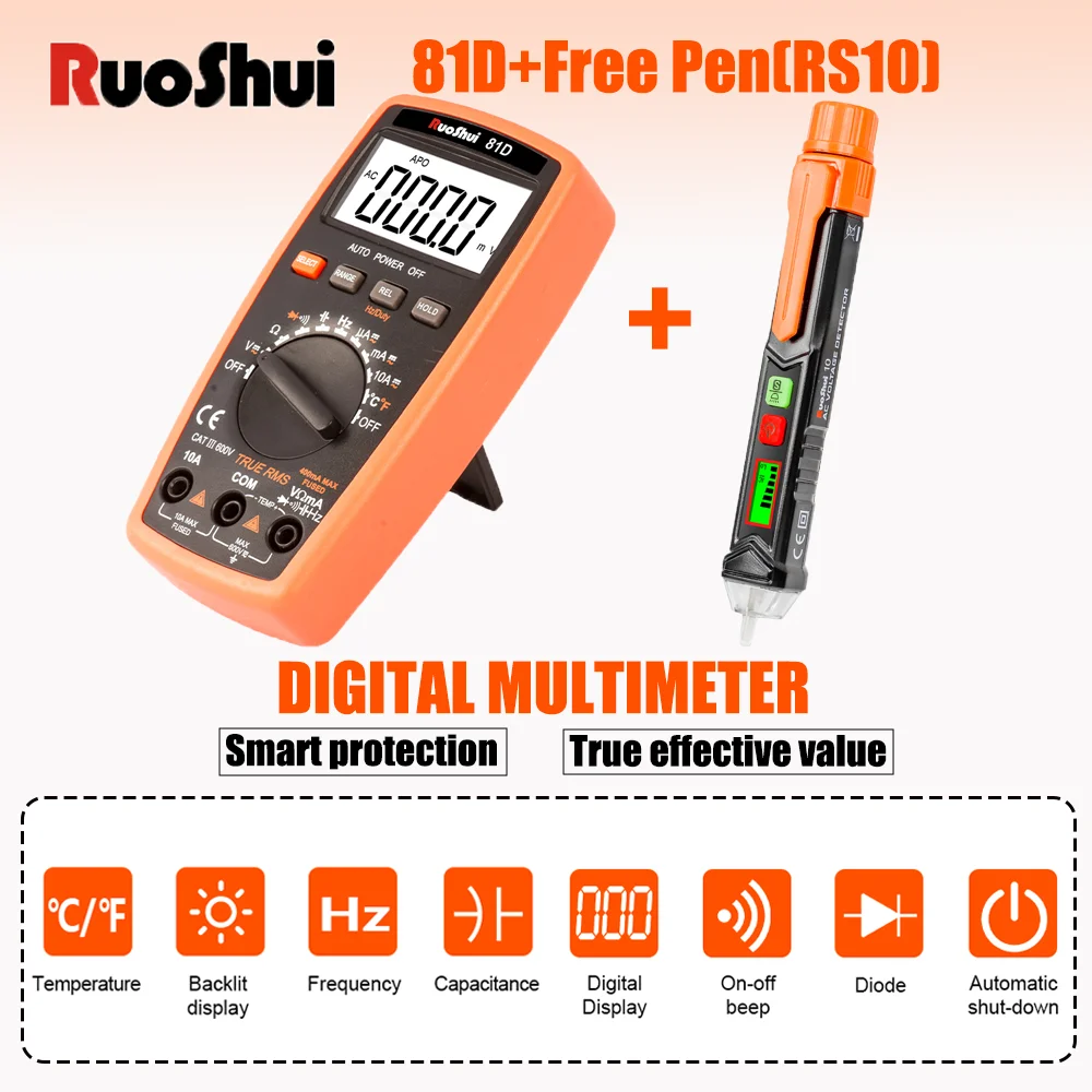 

RS81D Мультиметр True RMS, 3999 отсчетов, автоматический/релевой тестер, большой HD-экран, многофункциональный измеритель тока/ом, электронный инструмент