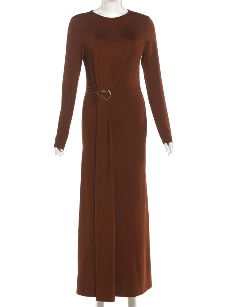 Kliou カジュアルエレガントドレス レディース 秋トレンド Oネック 長袖 メタルバックル装飾 ミッドナイトプロムパーティー ラッフルロング ボディコン