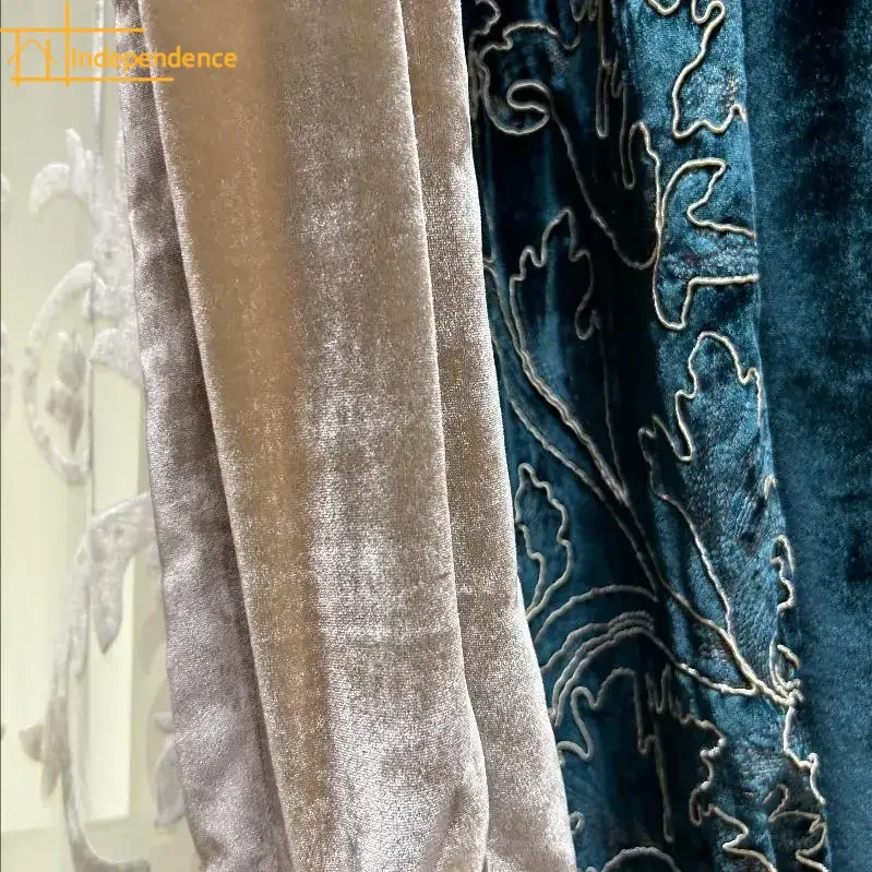 

New Blue Champagne Velvet Embroidered Splicing Curtains for Living Room Bedroom Villa Customized Finished Products Valance