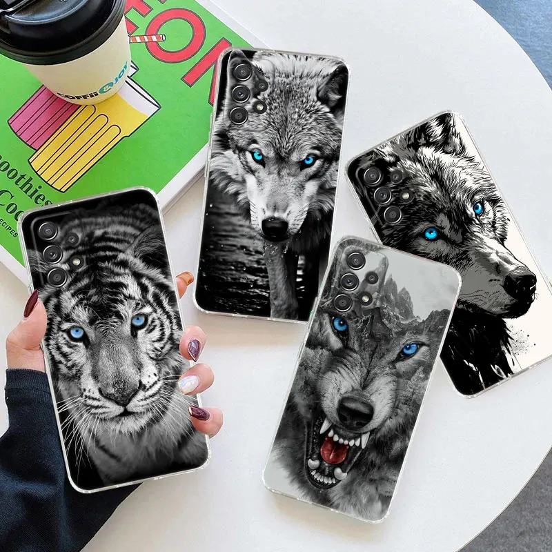 サムスン-オオカミと虎の動物の電話ケース,透明なカバー,ギャラクシーa55,a54,a52,a53 5g,a15,a14,a13,a21s,a23,51,a34,a35,a33 a32
