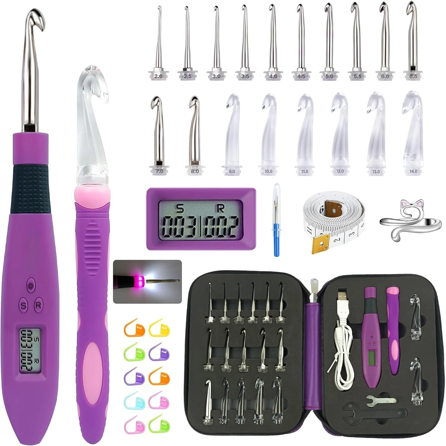 24 Sizes Crochet Hook Set with LED Light and Stitch&Row Counter Digital Ergonomic Handle Knitting Kit DIY Tool for Beginner New