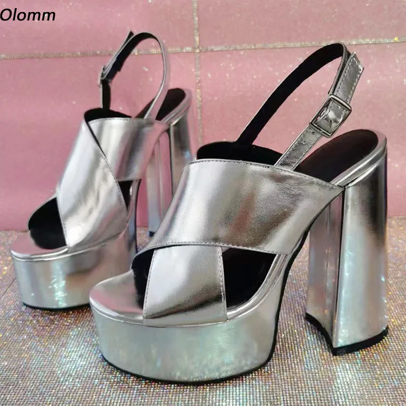 Olomm High Level Women Summer Sandals Chunky Heels Open Toe Gorgeous Silver Ladies Party Shoes US Size 35 43 44 45 46 47
