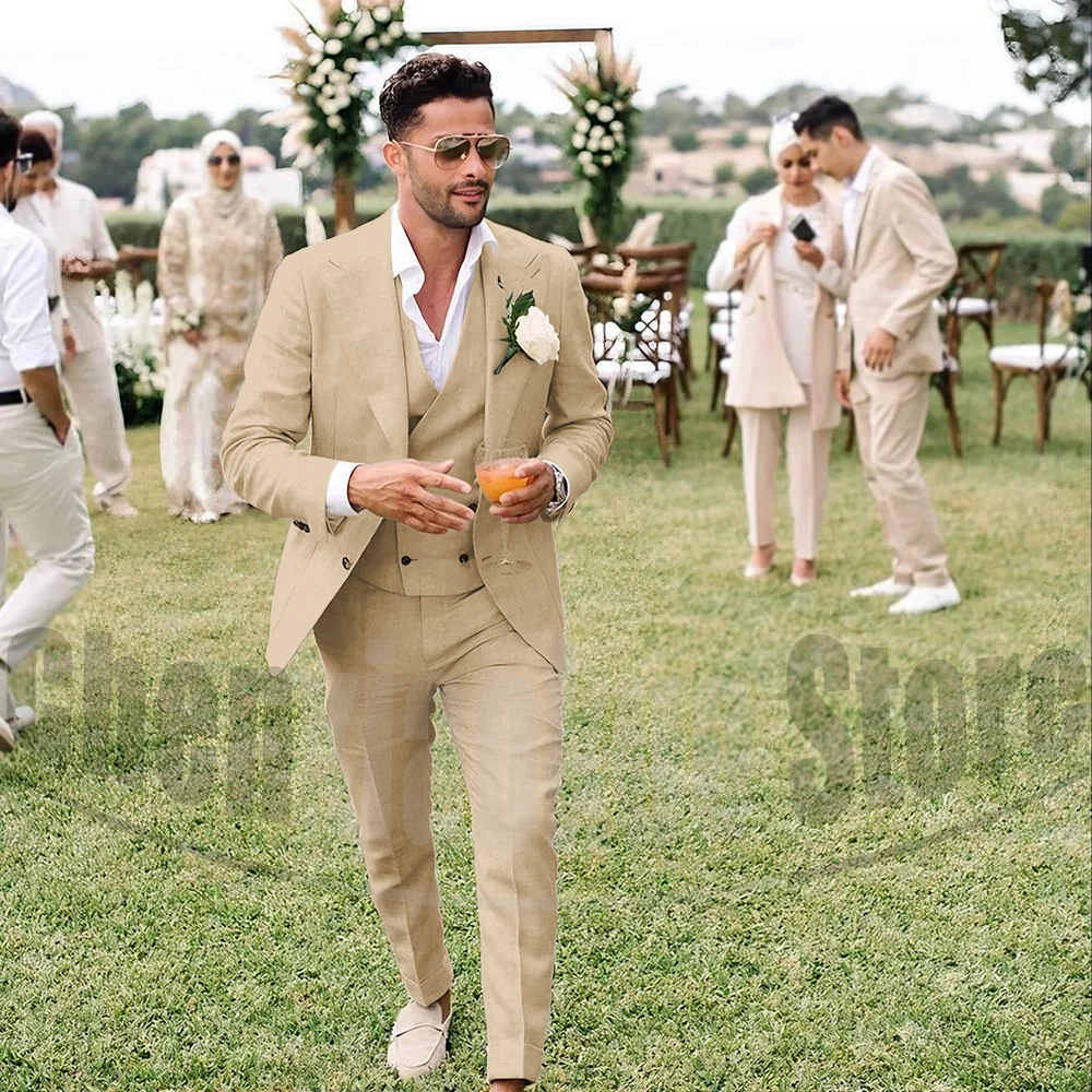 Summer Linen Men Suits 3 Piece Chic Single Breasted Peak Lapel Outfits Fashion Daily Casual Slim Groom Wedding Party Tuxedo