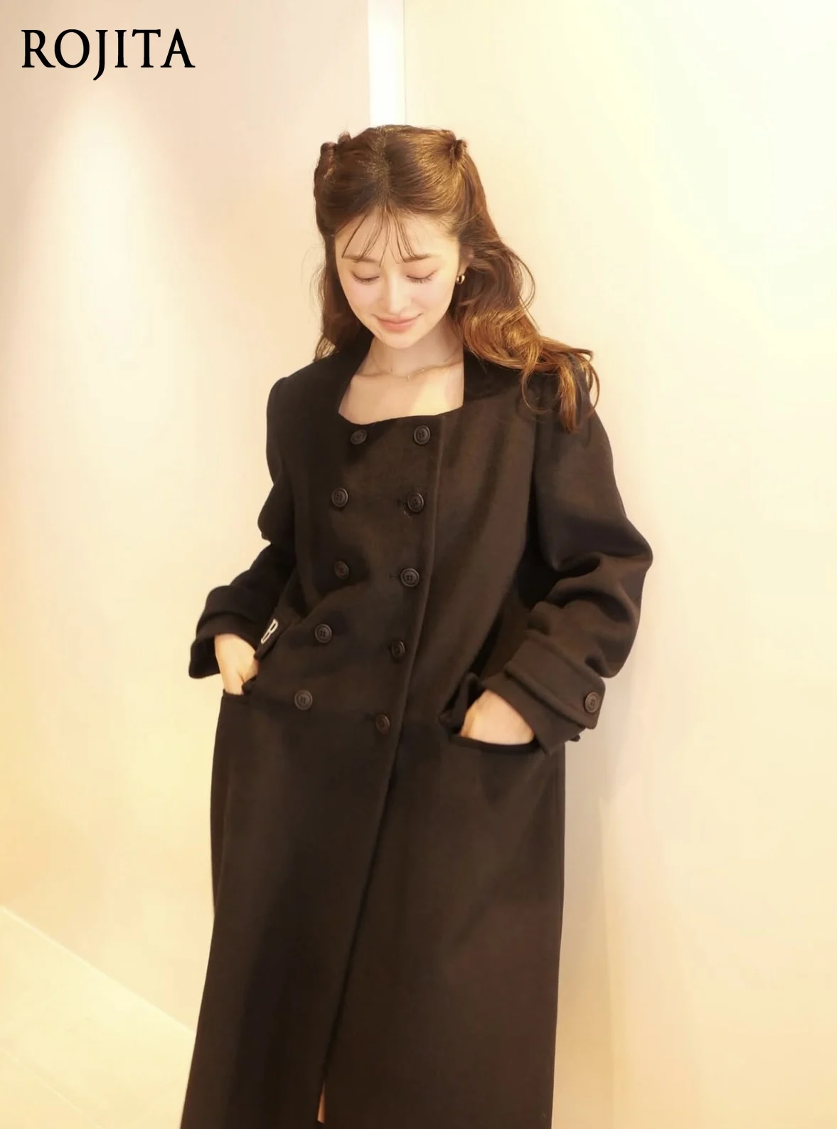 

Шерстяное пальто женское осенне-зимнее японское двубортное винтажное черное пальто с квадратным воротником и вышивкой пальто и куртки женские