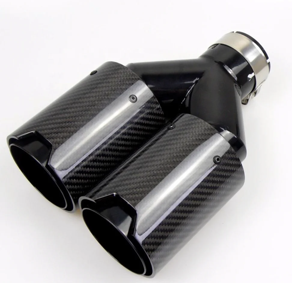 Cool all glossy  black Y type dual CF exhaust pipe fit for BMW etc pipe  High quality real carbon fiber  universal tips