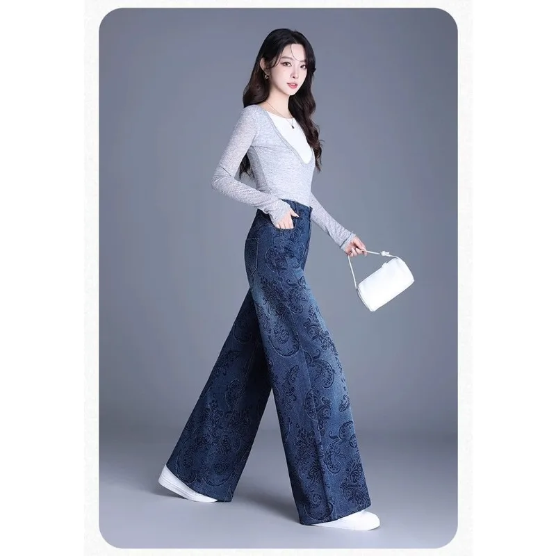 Nowe damskie spodnie jeansowe z nadrukiem, modne, jesienno-zimowe, wąskie, z wysokim stanem, z szerokimi nogawkami, damskie spodnie o prostych nogawkach.