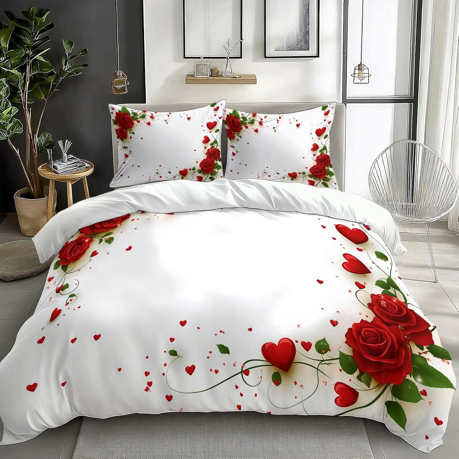 

Комплект постельного белья с розами: пододеяльник и наволочки из микрофибры (двуспальный, королевский размер, для двуспальной кровати), полиэстер, для Дня святого Валентина, Дня матери, на каждый день