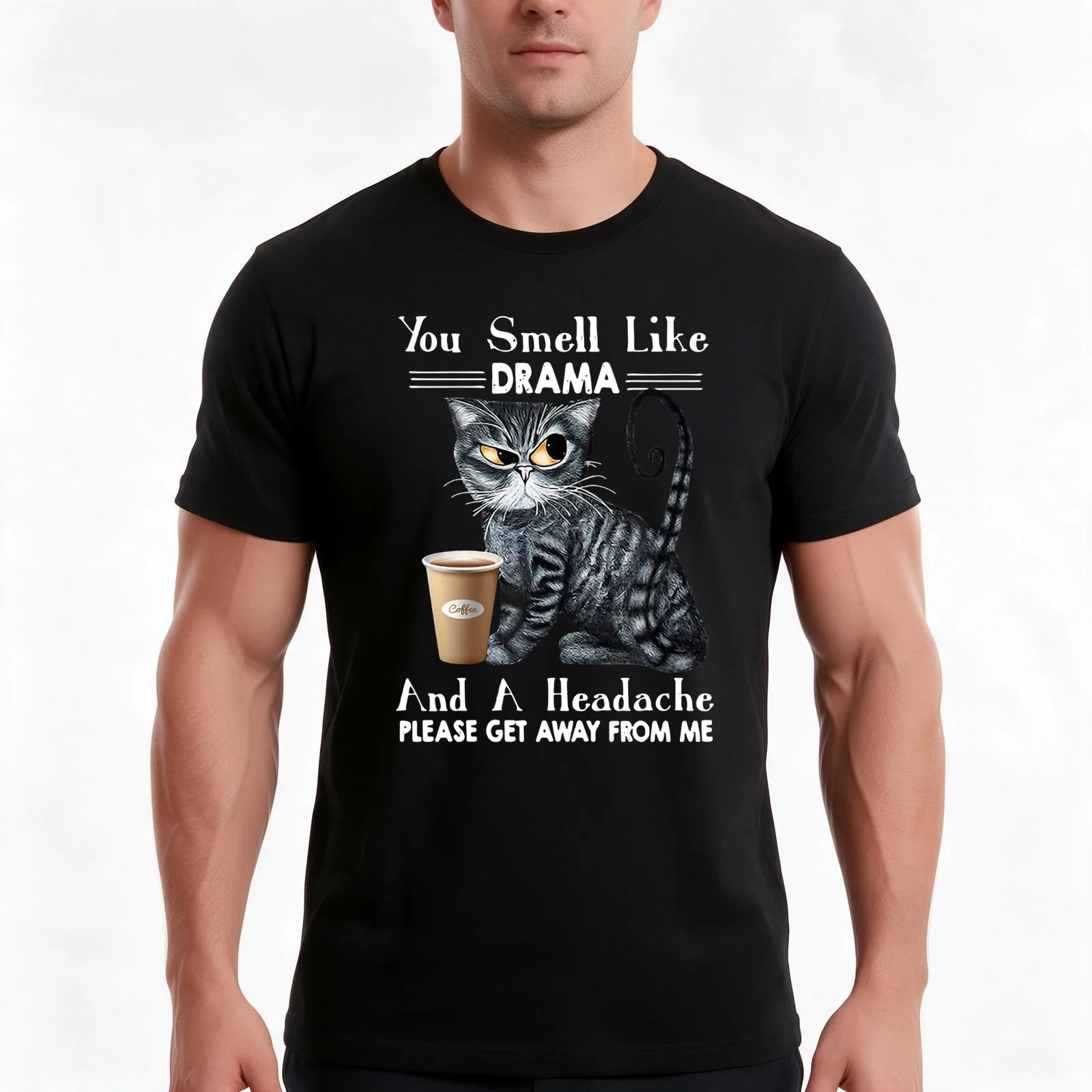 Black Cat You Smell Like Drama And A Headache T-Shirt, Summer Casual Cotton Tee, Oversized Streetwear Tops, Unisex Men Women