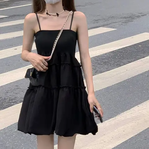 Rimocy 블랙 화이트 달콤한 푹신한 드레스 여성 한국어 허리 꽉 프릴 스파게티 스트랩 드레스 여성 2024 라인 댄스 파티 가운 Mujer