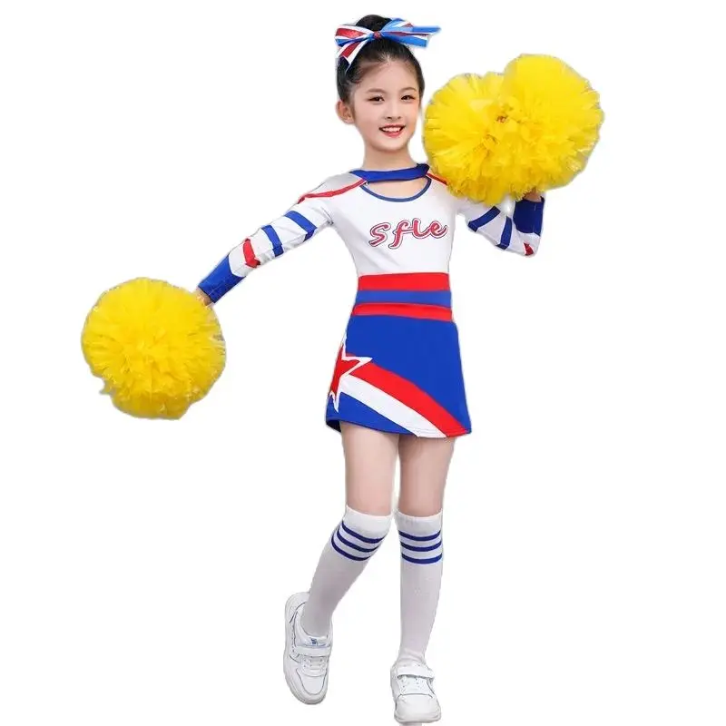 Long Sleeves Blue Girl Cheerleading Costume Uniform Kids Women Cheerleader Dance Outfit Round Neckline Patchwork Style Pompoms