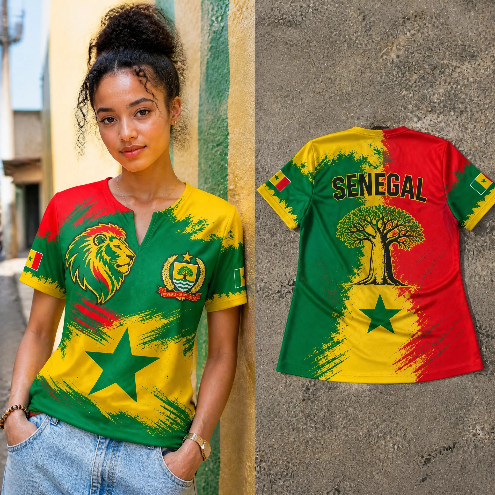 Womens Senegal Small V Neck T Shirt Green Red Yellow Lion Crest Star Print Casual Summer Short Sleeve Top Heritage Daily Fit Top