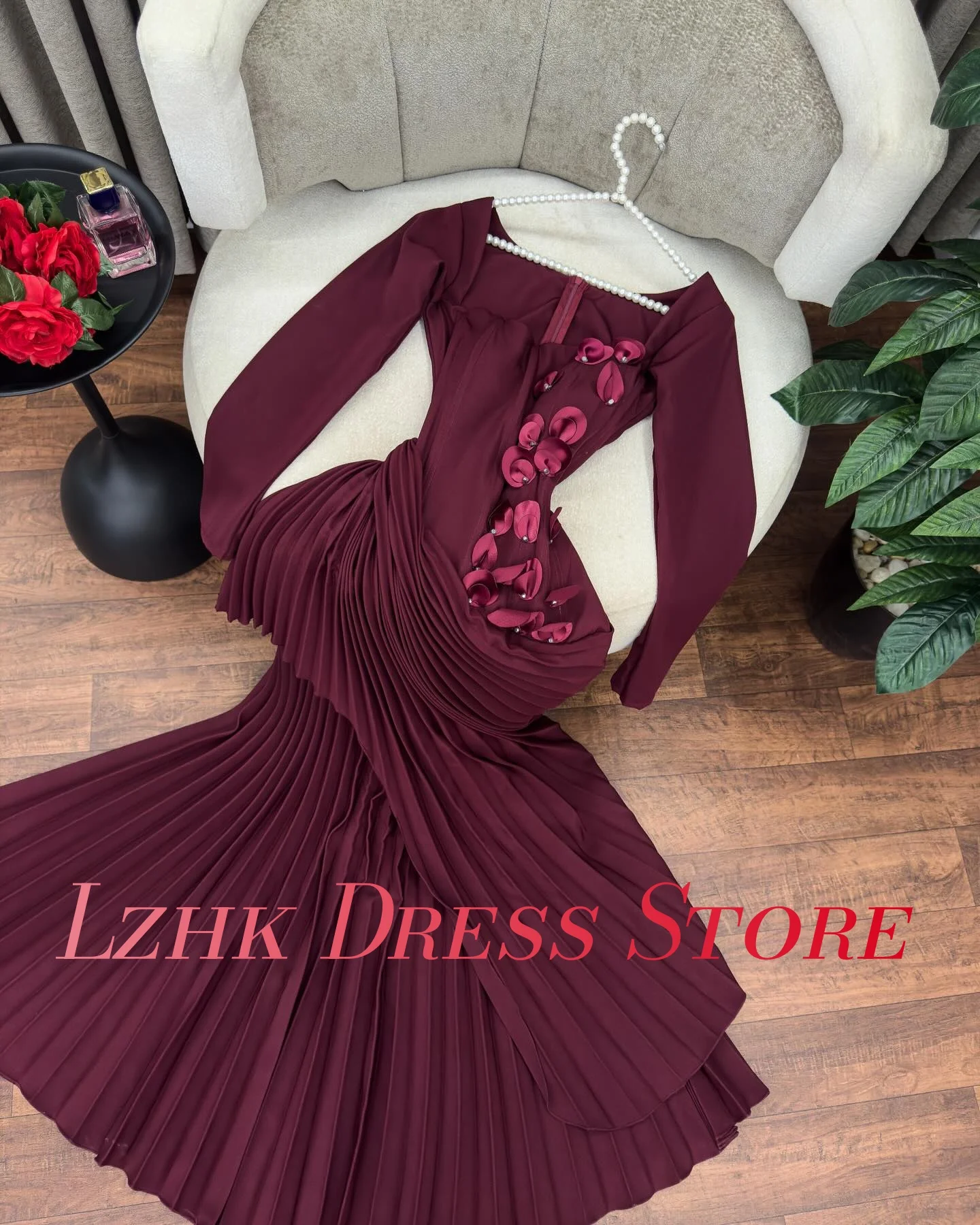 تخصيص الحديثة جيرسي ألف خط كريستال 3D الزهور مساء اللباس جودة عالية طويلة الأكمام ساحة الرقبة الطابق طول فساتين لحضور الحفلات الموسيقية