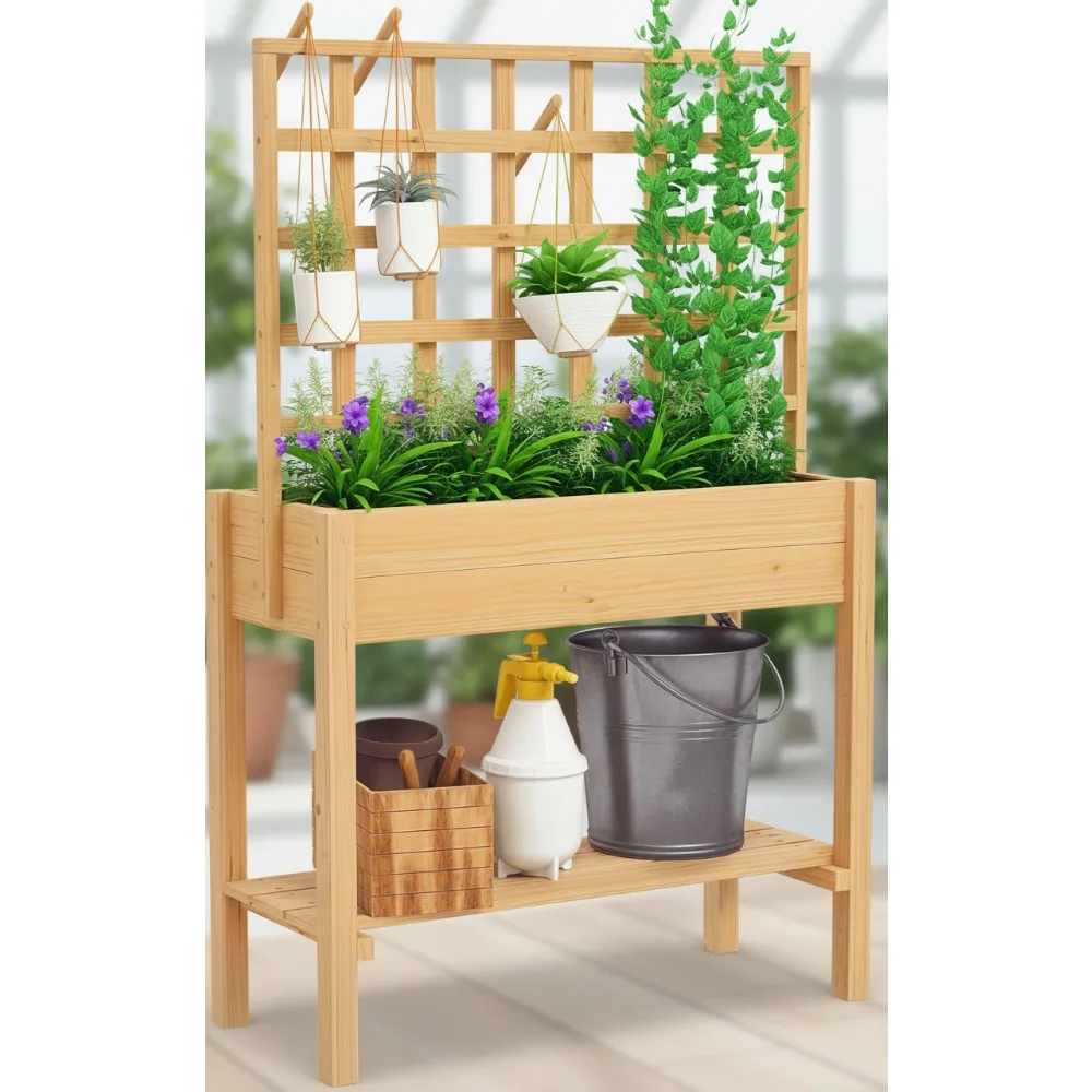 

Wooden Raised Garden Bed with Trellis, Elevated Planter Box with Storage Shelf for Vegetables Flowers Herbs