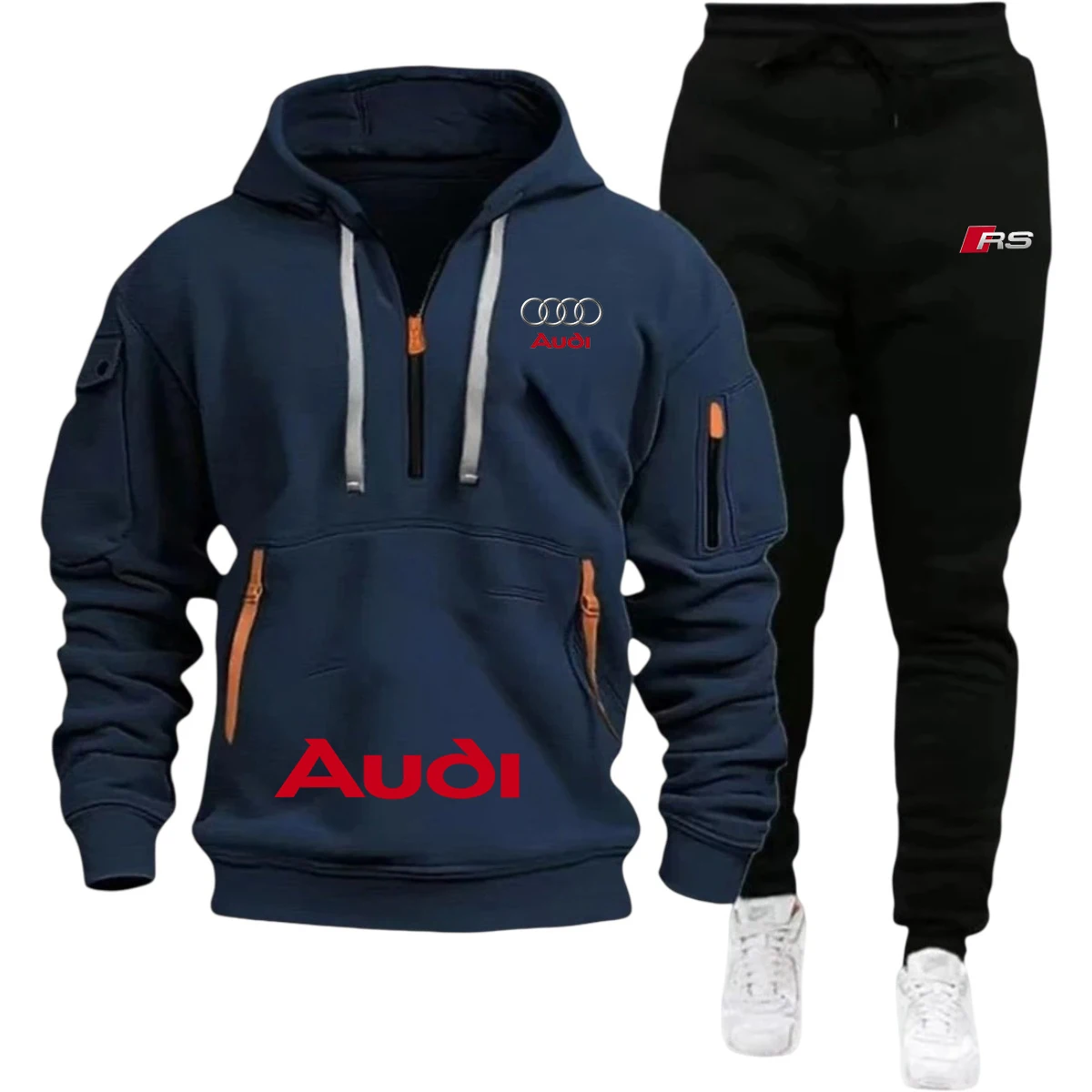 

The Audi collection features stylish men's sportswear, including hooded sweatshirts and zip-up casual pants, suitable for daily