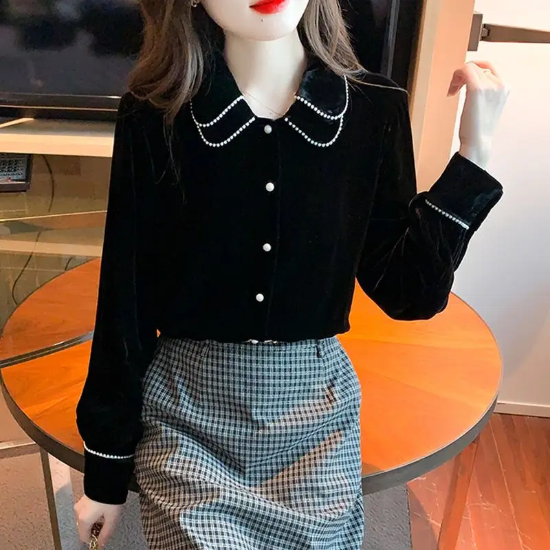 Black Gold Velvet Shirt Top for Women\'s Autumn Winter New Long Sleeve Loose Solid Youth Vintage Blouse Fashion Casual Clothing