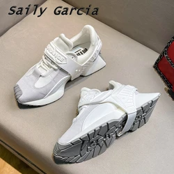 Air Mesh Genuine Leather Lace Up Lady Vulcanized Shoes 2023 New Style Thick Sloe Sport Shoes Square Toe Breathable Slip On Shoes