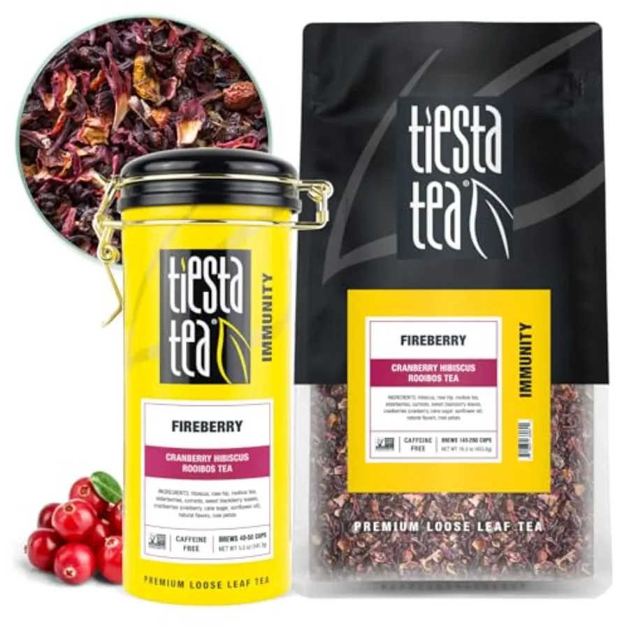 

Fireberry Cranberry Hibiscus Loose Leaf Tea, Premium Caffeine-Free Rooibos Blend, Brew Hot or Iced, Makes Up to 250 Cups, 16oz