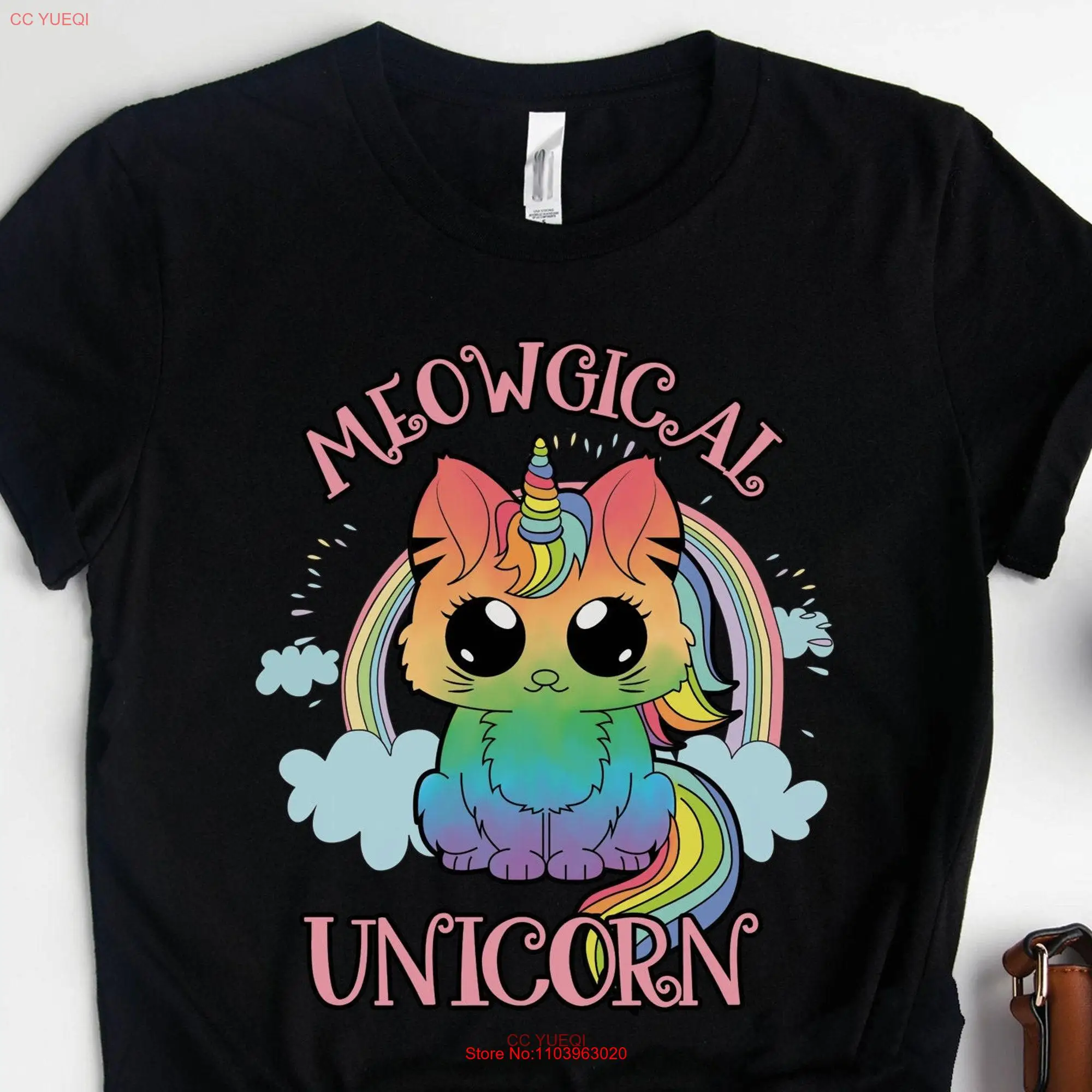 Футболка с изображением единорога и кота, с длинным или коротким рукавом
