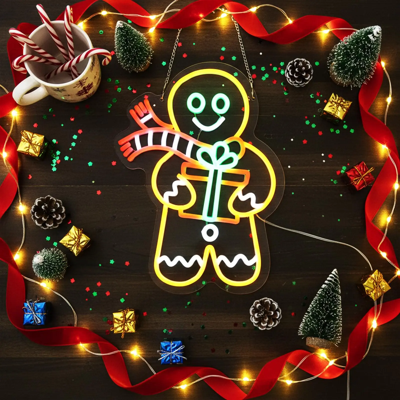 Gingerbread Man  Neon Sign for Wall Decor USB Power Dimmable Switch for Bedroom Cafe Bar Living Room Christmas Party Gift