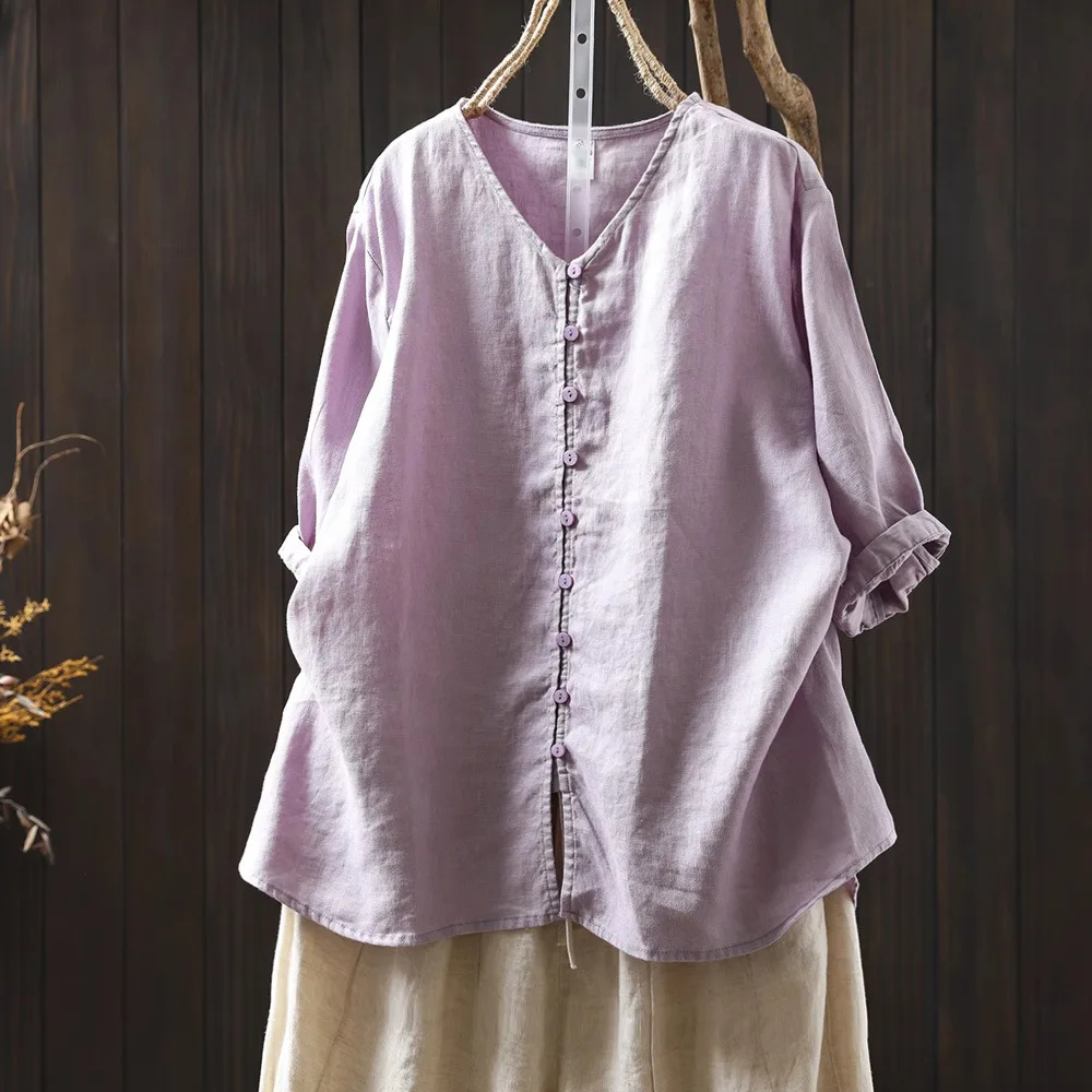 

Women Sweet Mori Girl Solid Color Cotton Linen Shirts Japan Style Summer V-Neck Half Sleeve Casual Loose Blouse Tops