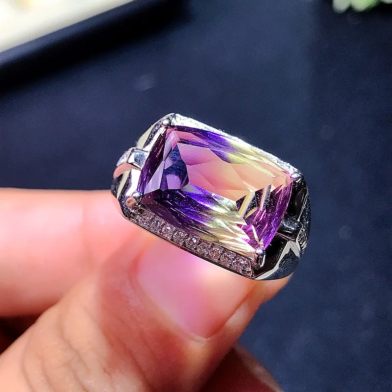 

MeiBaPJ 10*14 Dream Cut Natural Ametrine Gemstone Fashion Ring for Men Real 925 Sterling Silver Fine Charm Party Jewelry