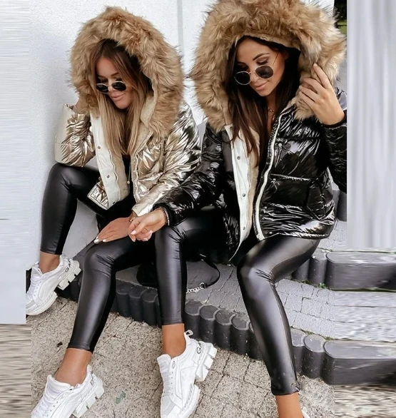 Women Solid Shiny PU Jackets 2023 Winter Fashion Big Fur Collar Hooded Down Cotton Coats Ladies Casual Thick Warm Zipper Parkas