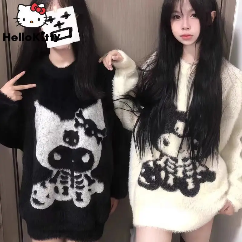 Sanrio Kuromi Soft Plush Cute Sweater Female Autumn Winter Trendy Sweet Y2k Girl Pullovers Korean Version Versatile Knitted Top