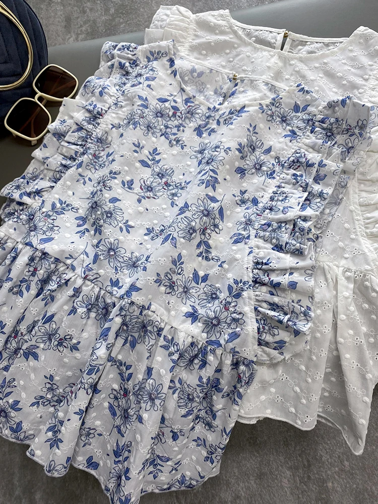 

Летний женский топ без рукавов с винтажной вышивкой в горошек, прямым кроем, хлопковый, с круглым вырезом и декоративной отделкой по низу