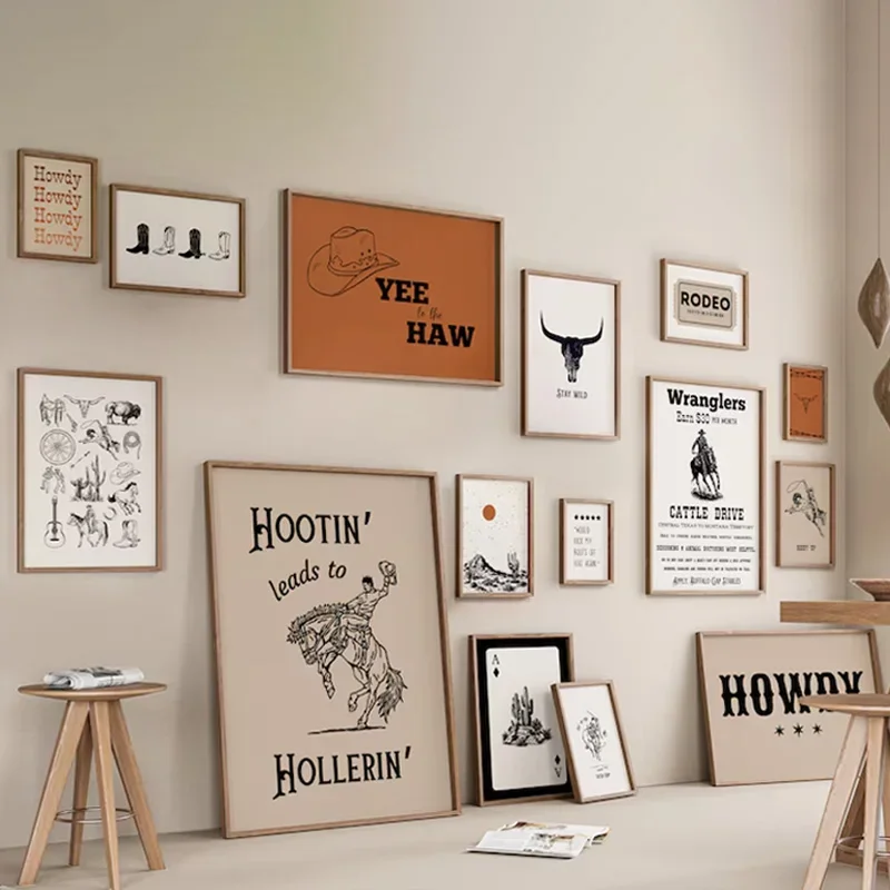 Western Cowboy Nursery Decorative Painting Wild West Horseback Riding Line Alphabet Poster Vintage Bedroom Decorative Wall Art