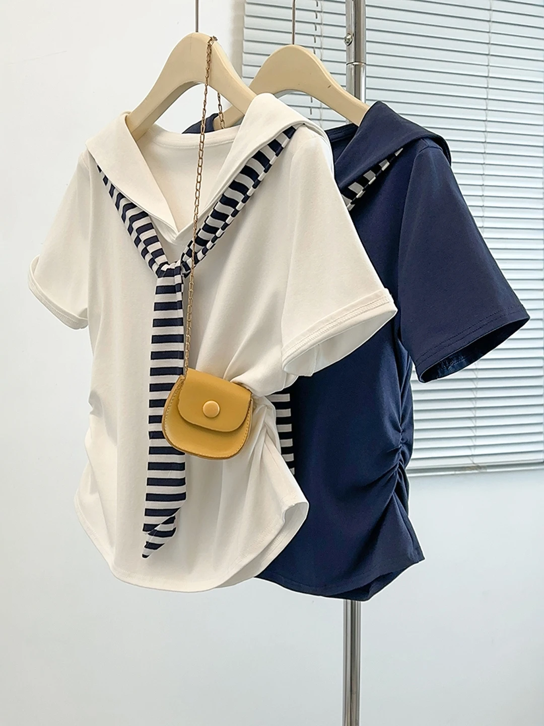 Slimming Striped Shoulder Wrap Short Sleeve T-Shirt Women's Summer Fashion plus Size Waist-Cinched Short Top Korean Style
