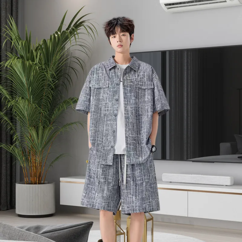 Conjunto de Camisa de Manga Corta y Pantalones Cortos Bermuda para Hombre, Talla Grande, Tejido Transpirable, Estilo Veraniego, Diseño Único y Sofisticado, Efecto Adelgazante