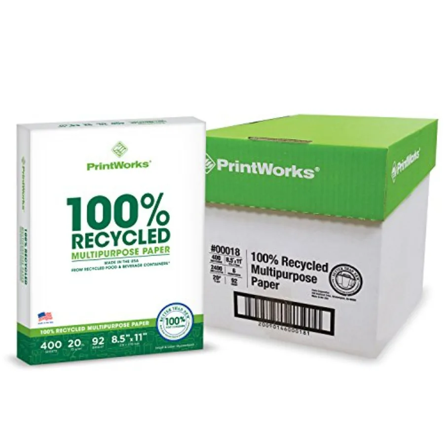 

100% Recycled Printer Paper 8.5" x 11" White - 20 lb Copy and Multipurpose Computer Paper - 6 Packs 2400 Sheets - Made in the U