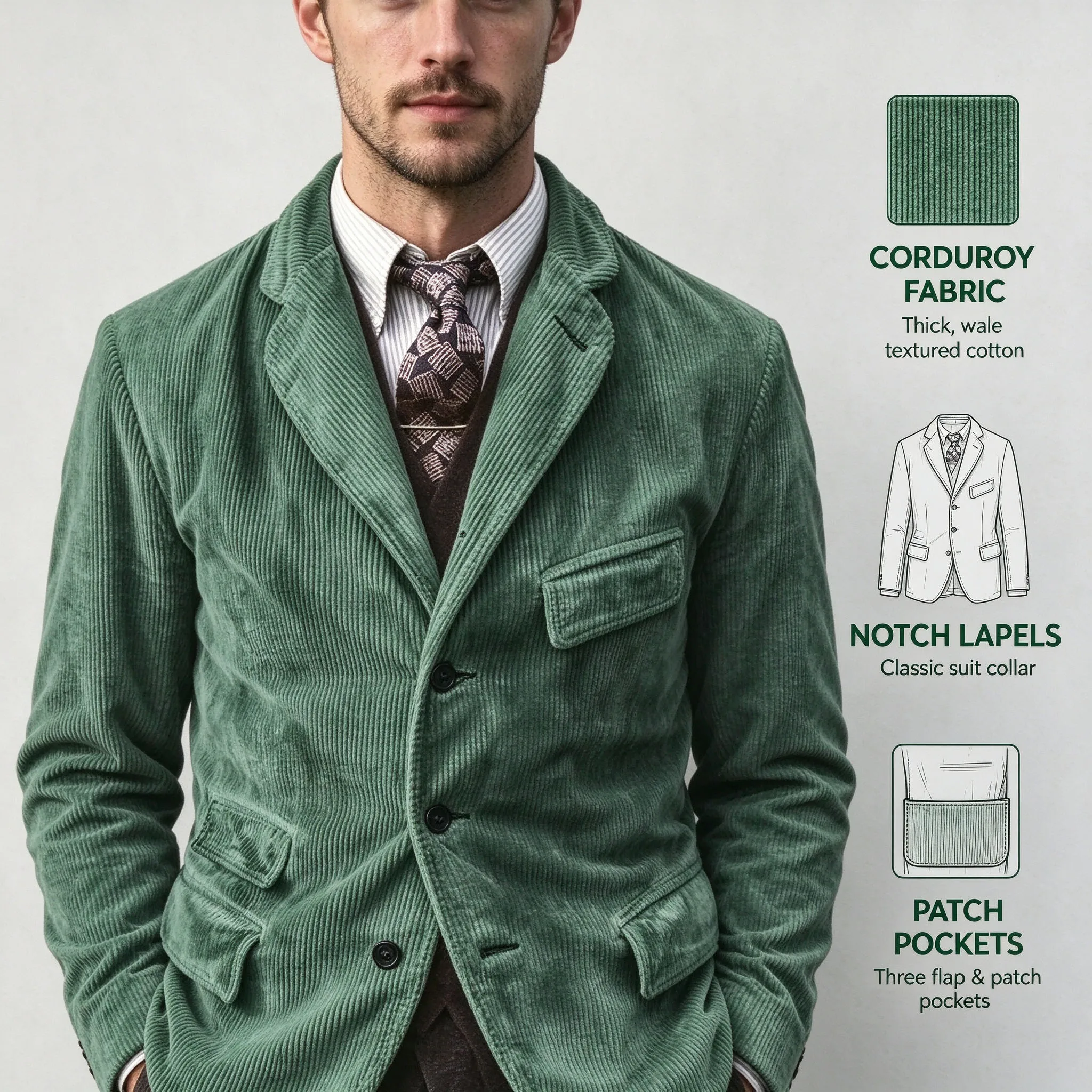 Herren Vintage Cord-Blazer mit Reverskragen, 3 Knöpfen, lässiger Sportmantel, mehrere Taschen, normale Passform, Herbst-Winter Retro-Oberbekleidung