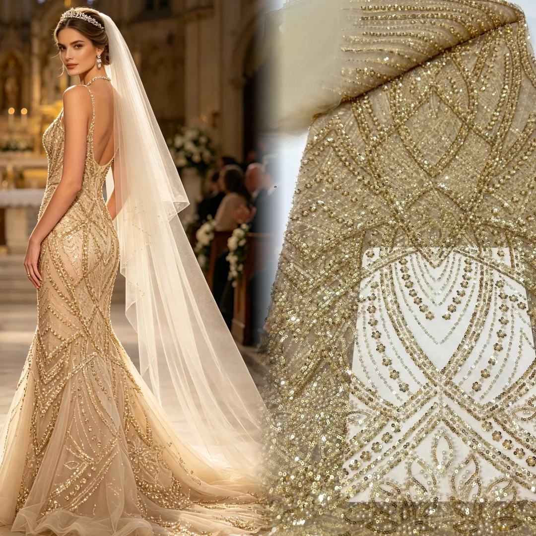 

African Luxury Sequins Lace Fabric 2026 Latest Beaded Embroidery French Tulle Mesh Lace Fabric Material For Wedding Sewing