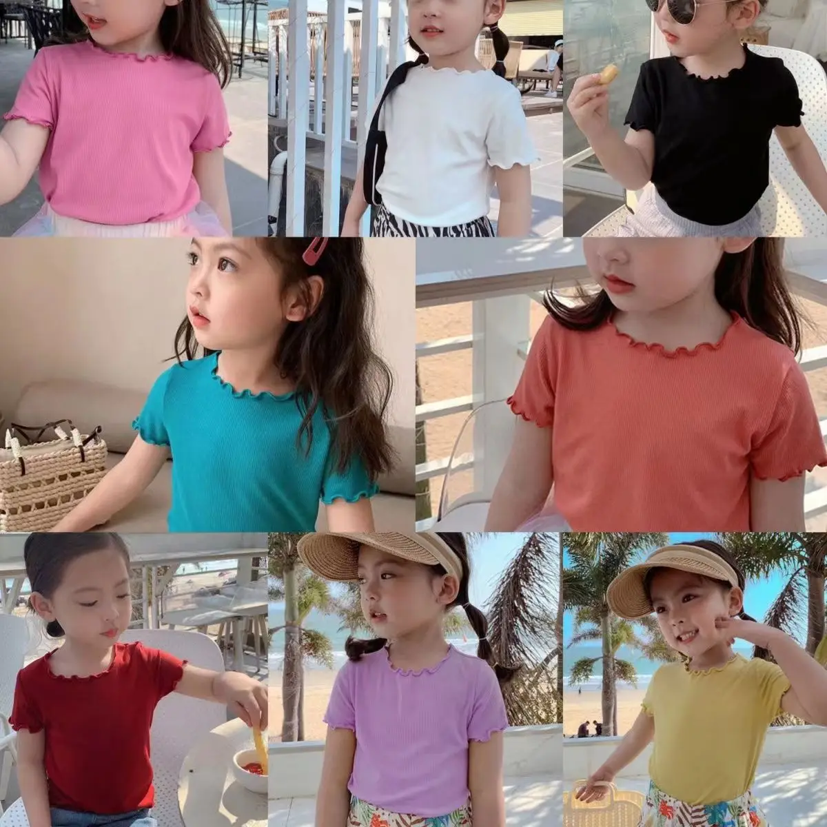 Ice Silk Short-sleeved T-shirt Korean Version of Girls' Baby Summer Clothing Versatile Striped Fungus Edge Medium