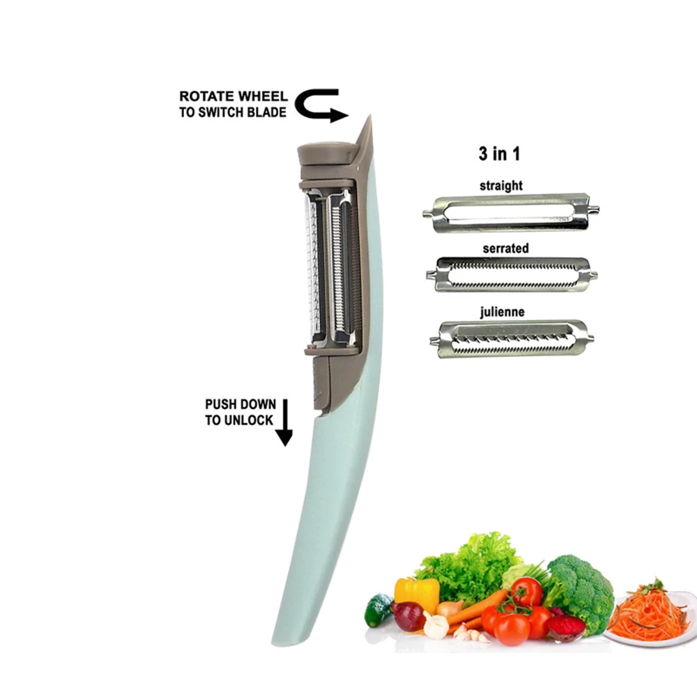 LMETJMA 3 in 1 Julienne Gemüse Schäler Edelstahl Obst Schäler mit Rotierenden Gezackten Gerade und Julienne Klingen KC0203