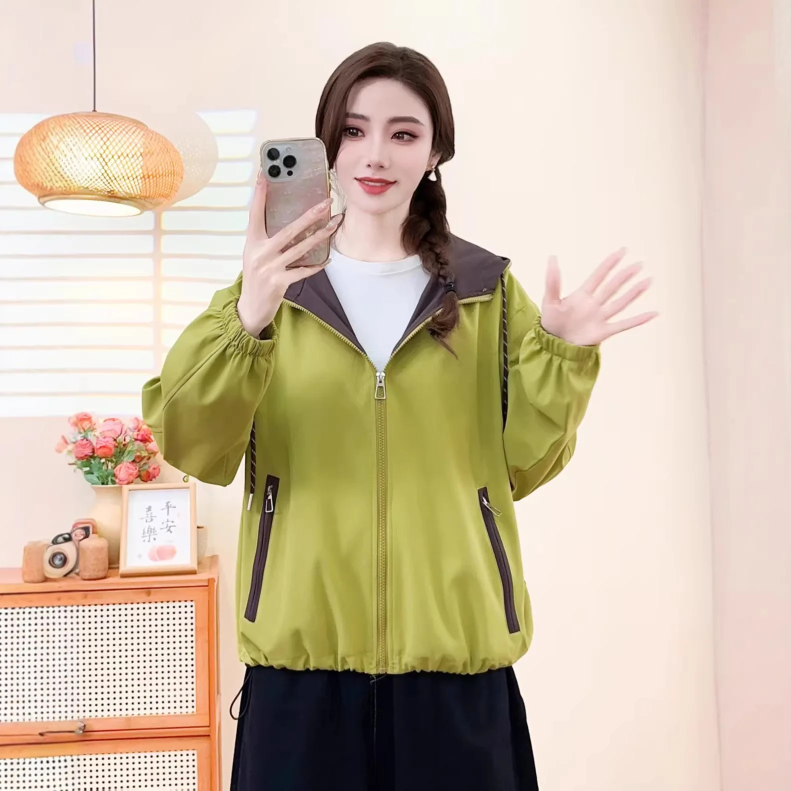 

Women Trench Coat New Fashion Color Matching Spring Autumn Coat Hooded Stand Collar Short Jacket Female Casual Tops Outerwear