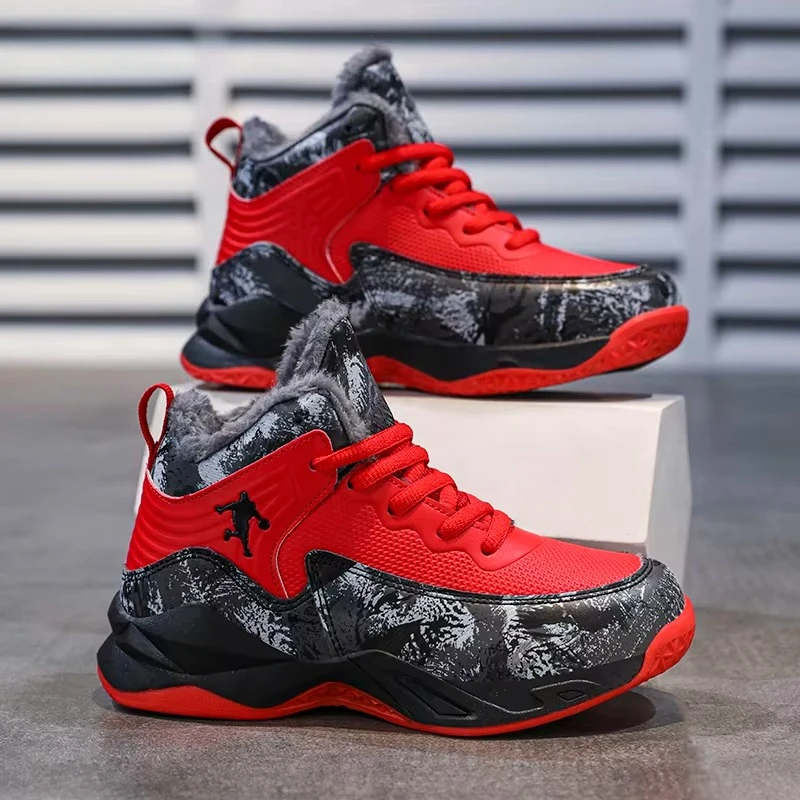 Winter Children's Plush Basketball Shoes Outdoor Warm Casual Sneaker Boys Fashion Trendy Shoes Youth Anti Slip Running Shoes