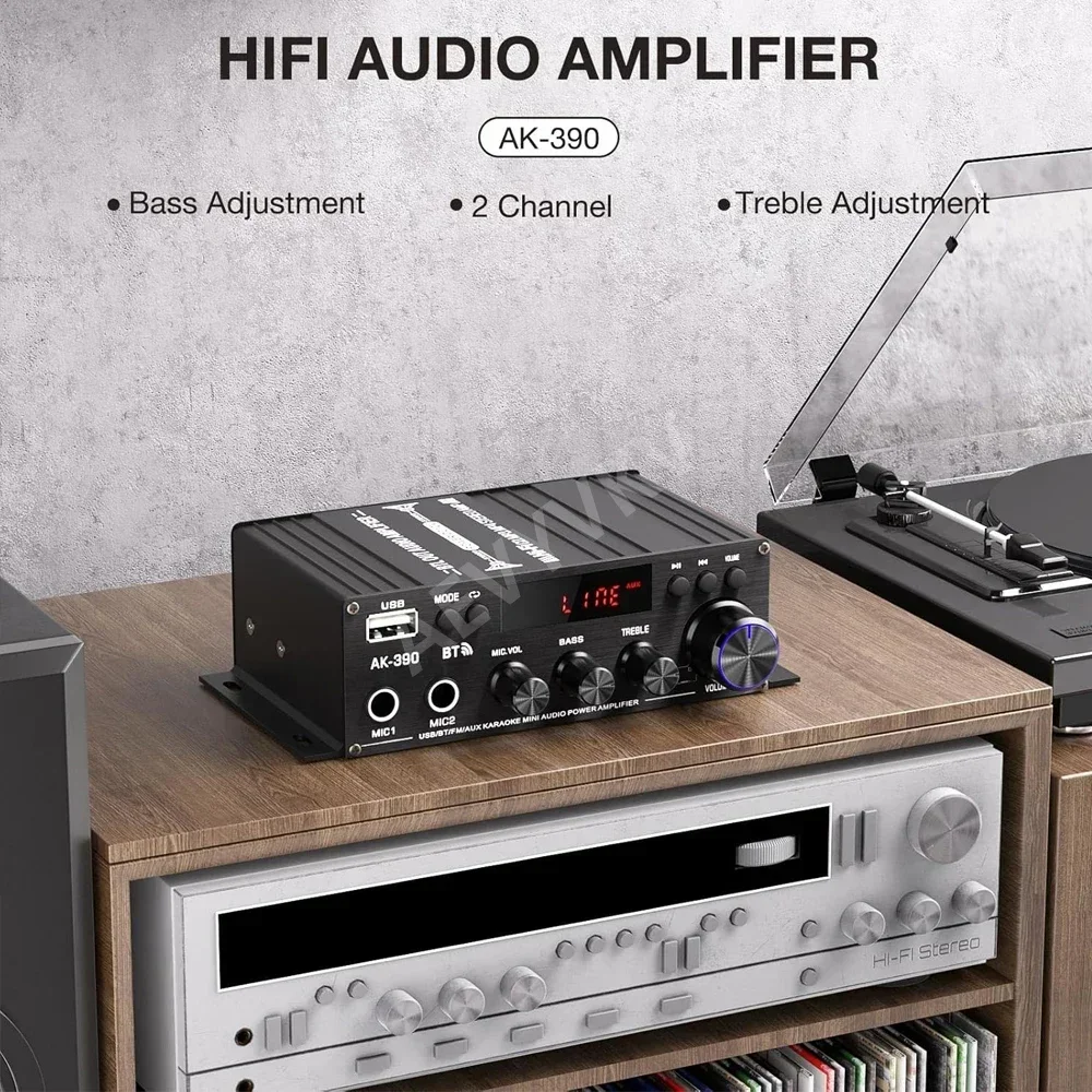 مضخم صوت بلوتوث مضخم طاقة منزلي MIC مضخمات صوت قناة صوت 2.0 HIFI مشغل ستيريو رقمي لنظام المسرح المنزلي 390